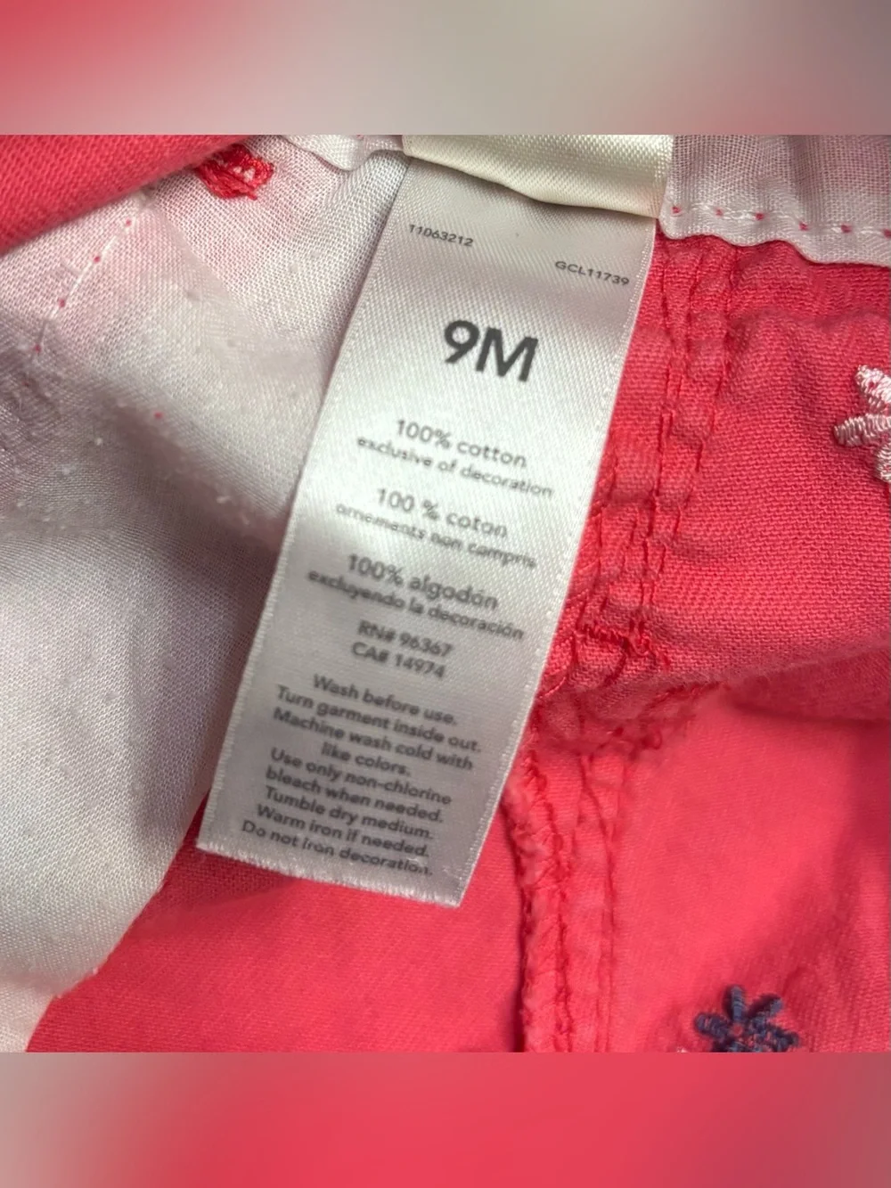 OshKosh Bgosh Baby Girl Overall Shorts 9 Months Dark Pink Flowers Embroidered